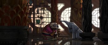 Movie still from “Kung Fu Panda 2” (2011), directed by Jennifer Yuh Nelson – An elephant and an elephant sitting in a room; Wide shot, Over the shoulder angle