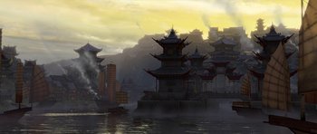 Movie still from “Kung Fu Panda 2” (2011), directed by Jennifer Yuh Nelson – An asian city with a boat floating on the water; Extreme Wide shot, Low angle