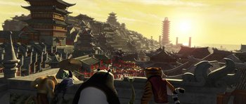 Movie still from “Kung Fu Panda 2” (2011), directed by Jennifer Yuh Nelson – A group of people standing on top of a building; Extreme Wide shot, High angle