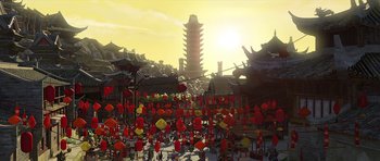 Movie still from “Kung Fu Panda 2” (2011), directed by Jennifer Yuh Nelson – A group of people standing in front of a building; Extreme Wide shot, High angle