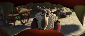 Movie still from “Kung Fu Panda 2” (2011), directed by Jennifer Yuh Nelson – A sheep with horns is sitting in a car; Close Up shot, Over the shoulder angle