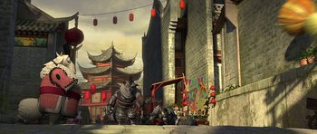 Movie still from “Kung Fu Panda 2” (2011), directed by Jennifer Yuh Nelson – An image of an oriental scene with a man and a woman; Extreme Wide shot, Low angle