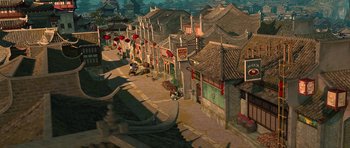 Movie still from “Kung Fu Panda 2” (2011), directed by Jennifer Yuh Nelson – An animated town with a lot of buildings and a car; Extreme Wide shot, High angle