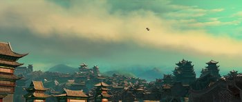 Movie still from “Kung Fu Panda 2” (2011), directed by Jennifer Yuh Nelson – An image of an asian city with a bird flying above it; Extreme Wide shot, High angle