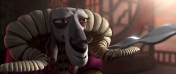 Movie still from “Kung Fu Panda 2” (2011), directed by Jennifer Yuh Nelson – A ram's face with a knife in its mouth; Close Up shot, Over the shoulder angle