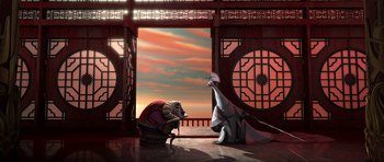 Movie still from “Kung Fu Panda 2” (2011), directed by Jennifer Yuh Nelson – A couple of people that are sitting in a room; Wide shot, High angle