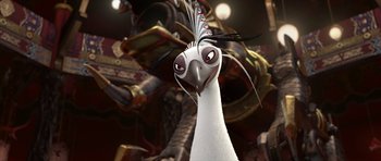 Movie still from “Kung Fu Panda 2” (2011), directed by Jennifer Yuh Nelson – An animated bird is looking into the camera; Close Up shot, Low angle