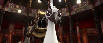 Movie still from “Kung Fu Panda 2” (2011), directed by Jennifer Yuh Nelson – An animated white bird with long black feathers on it's head; Close Up shot, Low angle