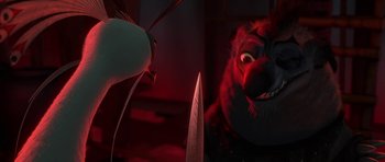 Movie still from “Kung Fu Panda 2” (2011), directed by Jennifer Yuh Nelson – A knife and a red creature; Close Up shot, Over the shoulder angle