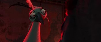 Movie still from “Kung Fu Panda 2” (2011), directed by Jennifer Yuh Nelson – A bird with a strange look on its face; Close Up shot, Over the shoulder angle