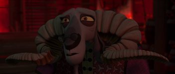Movie still from “Kung Fu Panda 2” (2011), directed by Jennifer Yuh Nelson – A cartoon character's face; Close Up shot, Over the shoulder angle