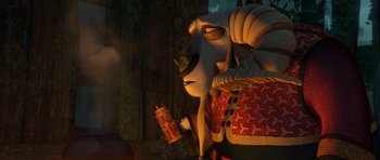 Movie still from “Kung Fu Panda 2” (2011), directed by Jennifer Yuh Nelson – A sheep with a cup in his mouth; Medium shot, Over the shoulder angle