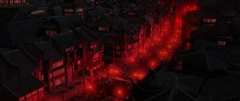 Movie still from “Kung Fu Panda 2” (2011), directed by Jennifer Yuh Nelson – An aerial view of a city lit up at night; Extreme Wide shot, High angle