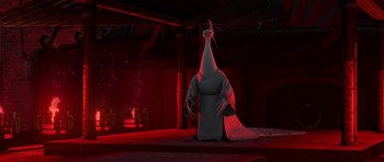 Movie still from “Kung Fu Panda 2” (2011), directed by Jennifer Yuh Nelson – A cartoon character is standing in a dark room; Wide shot, Low angle