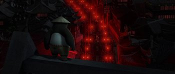Movie still from “Kung Fu Panda 2” (2011), directed by Jennifer Yuh Nelson – An image of an animated character in a hat; Extreme Wide shot, High angle