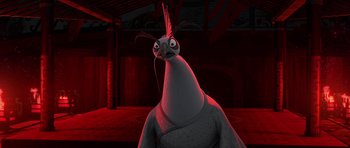 Movie still from “Kung Fu Panda 2” (2011), directed by Jennifer Yuh Nelson – An image of a bird that is standing in the dark; Close Up shot, High angle