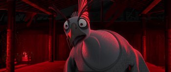 Movie still from “Kung Fu Panda 2” (2011), directed by Jennifer Yuh Nelson – An animated bird with a surprised look on its face; Close Up shot, Low angle