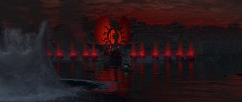 Movie still from “Kung Fu Panda 2” (2011), directed by Jennifer Yuh Nelson – An image of a boat in the water at night time; Extreme Wide shot, High angle