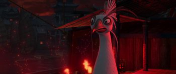 Movie still from “Kung Fu Panda 2” (2011), directed by Jennifer Yuh Nelson – An image of an animated bird in the middle of the night; Close Up shot, High angle