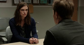 Movie still from “Laggies” (2014), directed by Lynn Shelton – A woman sitting at a table talking to a man; Close Up shot, Over the shoulder angle