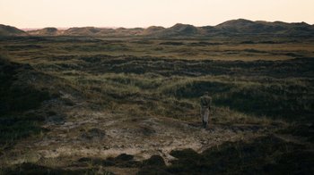 Movie still from “Land of Mine” (2015), directed by Martin Zandvliet – A man standing on top of a grass covered field; Extreme Wide shot, High angle