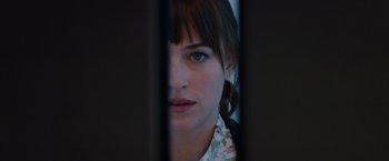 Movie still from “Fifty Shades of Grey” (2015), directed by Sam Taylor-Johnson – A woman's face through a window; Close Up shot, Over the shoulder angle