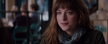 Movie still from “Fifty Shades of Grey” (2015), directed by Sam Taylor-Johnson – A person wearing a scarf; Close Up shot, Over the shoulder angle