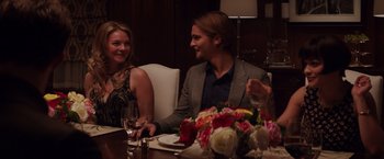 Movie still from “Fifty Shades of Grey” (2015), directed by Sam Taylor-Johnson – A man and a woman sitting at a dinner table; Medium shot, Over the shoulder angle