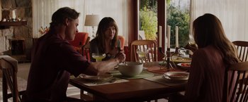Movie still from “Fifty Shades of Grey” (2015), directed by Sam Taylor-Johnson – A man and a woman sitting at a dining table; Medium shot, Over the shoulder angle