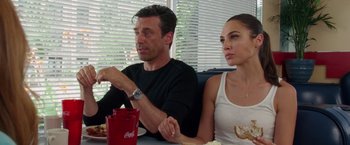 Movie still from “Keeping Up with the Joneses” (2016), directed by Greg Mottola – A man and a woman sitting at a table; Close Up shot, Over the shoulder angle