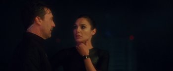 Movie still from “Keeping Up with the Joneses” (2016), directed by Greg Mottola – A man and a woman standing next to each other; Close Up shot, Over the shoulder angle