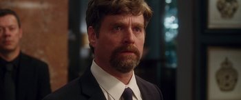 Movie still from “Keeping Up with the Joneses” (2016), directed by Greg Mottola – A person wearing a suit and tie; Close Up shot, Over the shoulder angle