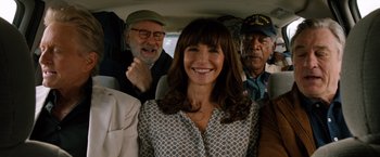 Movie still from “Last Vegas” (2013), directed by Jon Turteltaub – A group of people sitting in the back of a car; Close Up shot, Over the shoulder angle