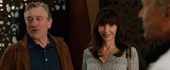 Movie still from “Last Vegas” (2013), directed by Jon Turteltaub – A man and a woman standing next to each other; Close Up shot, Over the shoulder angle