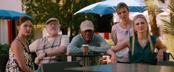 Movie still from “Last Vegas” (2013), directed by Jon Turteltaub – A group of people sitting at an outdoor table with an umbrella; Medium shot, Over the shoulder angle