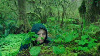 Movie still from “Leave No Trace” (2018), directed by Debra Granik – A young girl hiding in the woods with a hood on; Medium shot, High angle