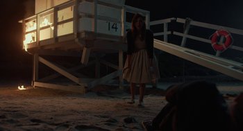 Movie still from “Life After Beth” (2014), directed by Jeff Baena – A woman standing in front of a wooden structure; Wide shot, High angle
