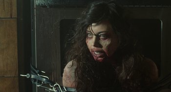Movie still from “Life After Beth” (2014), directed by Jeff Baena – A woman with blood all over her face; Close Up shot, High angle