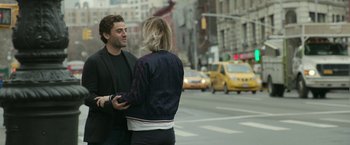 Movie still from “Life Itself” (2018), directed by Dan Fogelman – A man and a woman talking on the side of the street; Medium shot, Over the shoulder angle