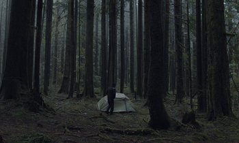 Movie still from “Light of My Life” (2019), directed by Casey Affleck – A man standing next to a tent in the woods; Extreme Wide shot, Low angle