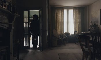 Movie still from “Light of My Life” (2019), directed by Casey Affleck – A person standing in a room with a door open; Wide shot, Over the shoulder angle