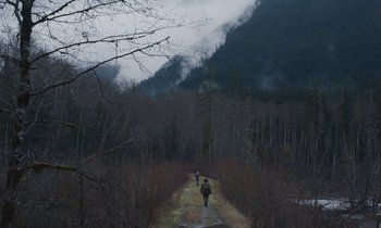 Movie still from “Light of My Life” (2019), directed by Casey Affleck – A couple of people walking down a dirt road; Extreme Wide shot, High angle