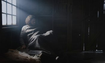 Movie still from “Light of My Life” (2019), directed by Casey Affleck – A man laying on the ground in a dark room; Wide shot, Low angle