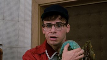 Movie still from “Little Shop of Horrors” (1986), directed by Frank Oz – A man with glasses and a hat holding a stuffed animal; Close Up shot, High angle