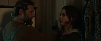 Movie still from “Little Woods” (2018), directed by Nia DaCosta – A man and a woman are standing in a room; Close Up shot, Over the shoulder angle