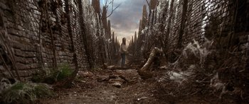Movie still from “Labyrinth” (1986), directed by Jim Henson – A person standing in the middle of a forest; Wide shot, Low angle