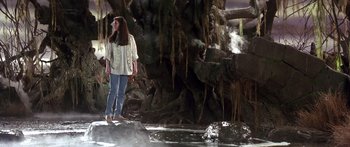 Movie still from “Labyrinth” (1986), directed by Jim Henson – A woman standing in front of a waterfall; Wide shot, Low angle