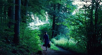 Movie still from “Lore” (2012), directed by Cate Shortland – A woman walking down a path in the woods; Wide shot, High angle