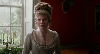 Movie still from “Love & Friendship” (2016), directed by Whit Stillman – A woman in a white dress with a long veil; Close Up shot, Low angle
