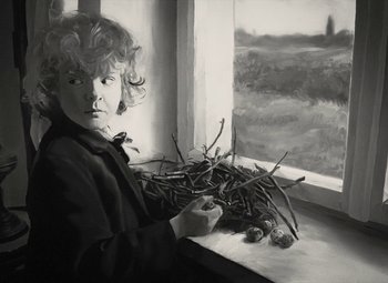 Movie still from “Loving Vincent” (2017), directed by DK Welchman – A black and white painting of a boy holding a branch; Close Up shot, Over the shoulder angle